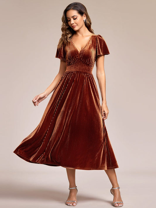 Elegant Pleated Velvet Wedding Guest Dress with Short Sleeves