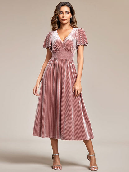 Elegant Pleated Velvet Wedding Guest Dress with Short Sleeves