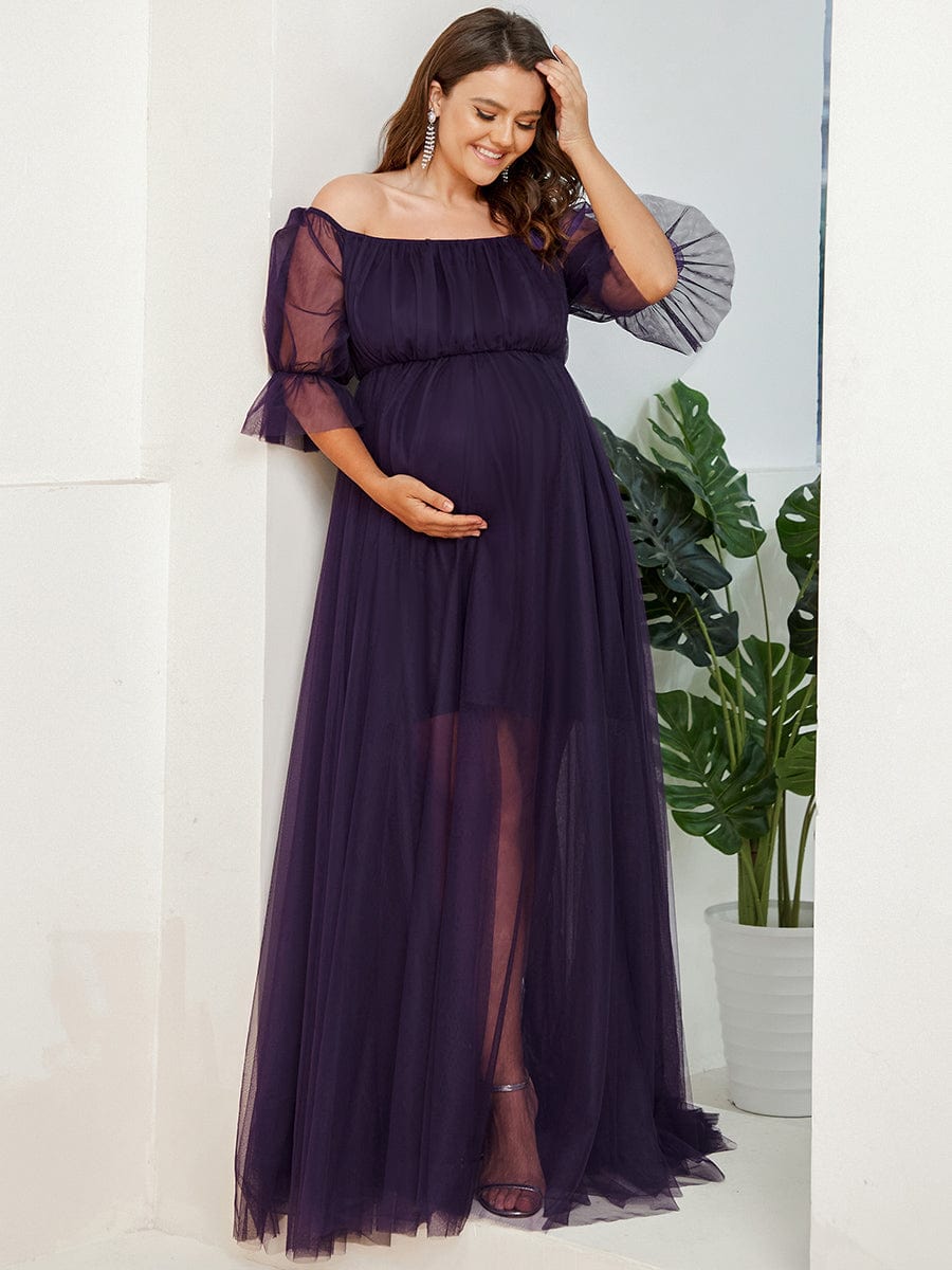 Elegant Plus Size A-line Maternity Dress with Short Puff Sleeves