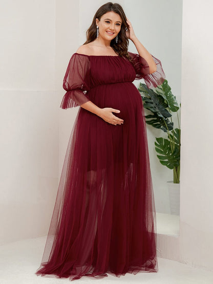 Elegant Plus Size A-line Maternity Dress with Short Puff Sleeves