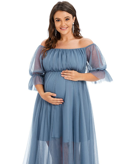 Elegant Plus Size A-line Maternity Dress with Short Puff Sleeves