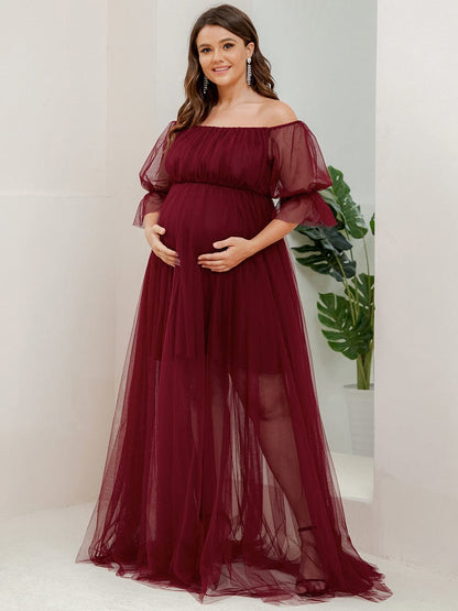 Elegant Plus Size A-line Maternity Dress with Short Puff Sleeves