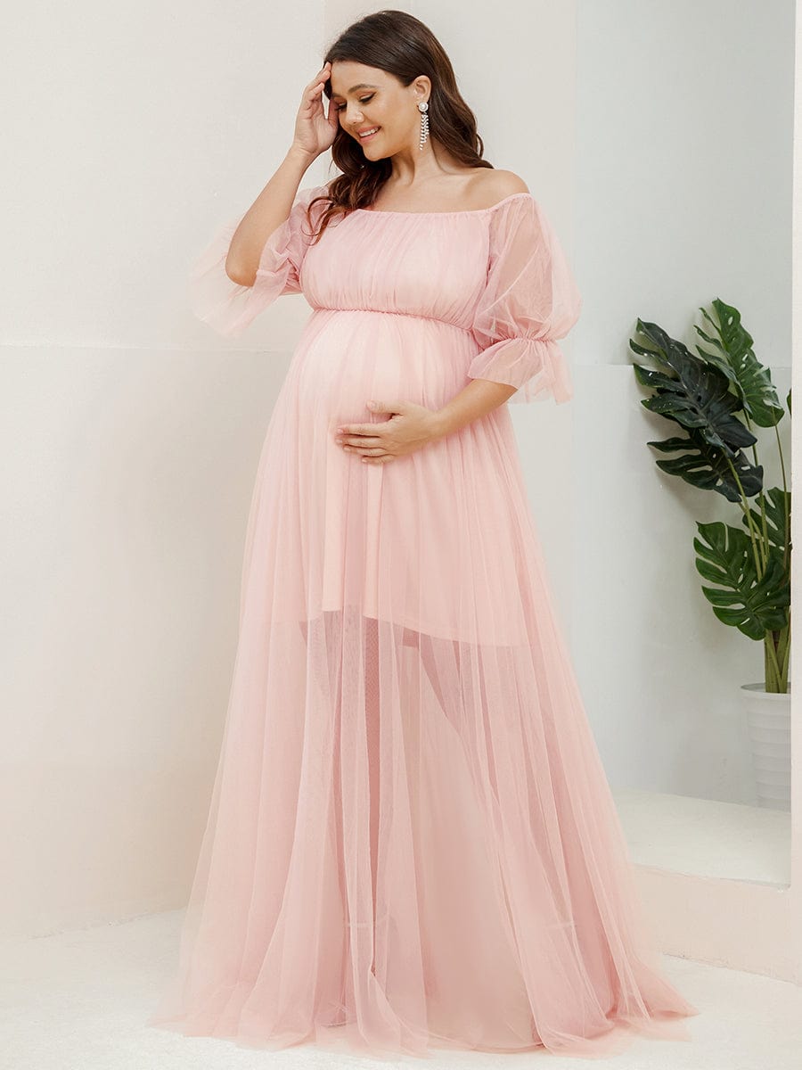 Elegant Plus Size A-line Maternity Dress with Short Puff Sleeves