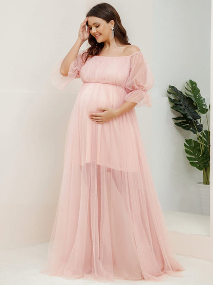 Elegant Plus Size A-line Maternity Dress with Short Puff Sleeves