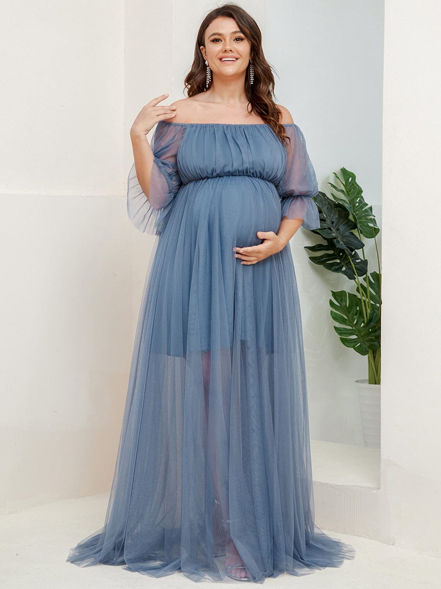 Elegant Plus Size A-line Maternity Dress with Short Puff Sleeves