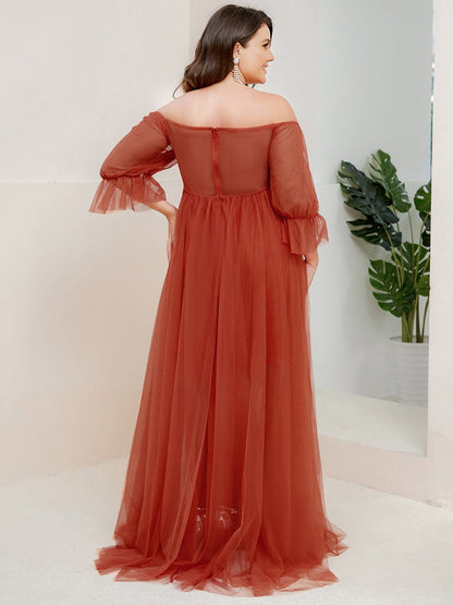 Elegant Plus Size A-line Maternity Dress with Short Puff Sleeves