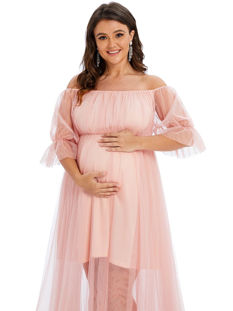 Elegant Plus Size A-line Maternity Dress with Short Puff Sleeves