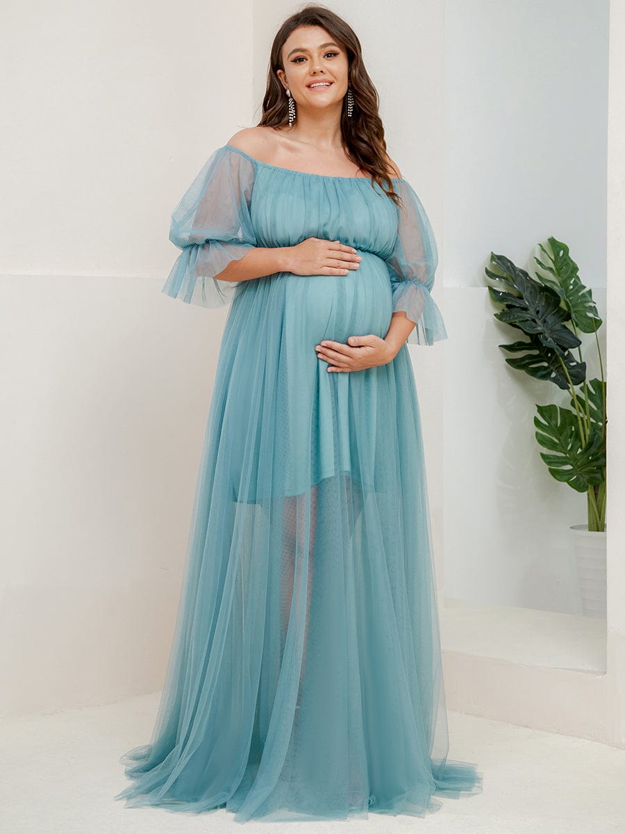 Elegant Plus Size A-line Maternity Dress with Short Puff Sleeves