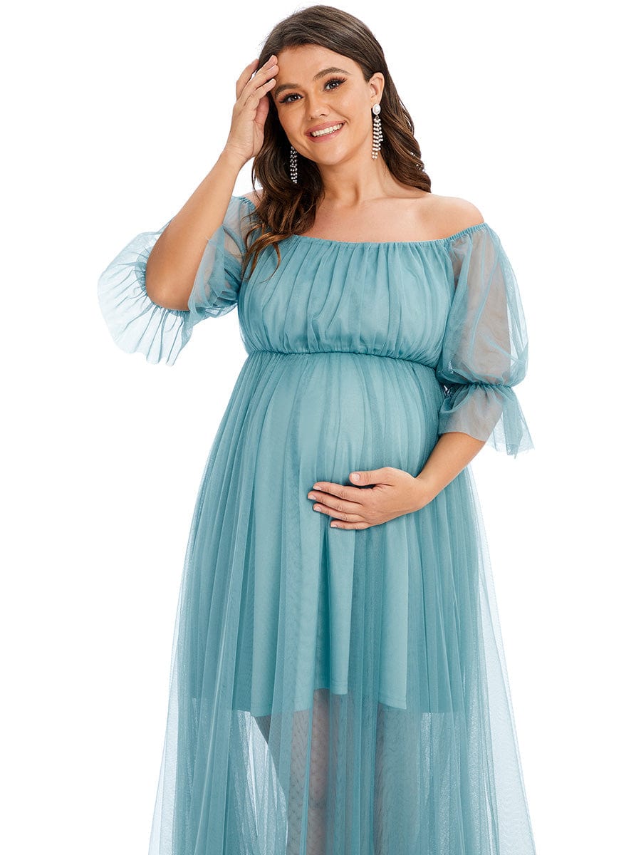 Elegant Plus Size A-line Maternity Dress with Short Puff Sleeves