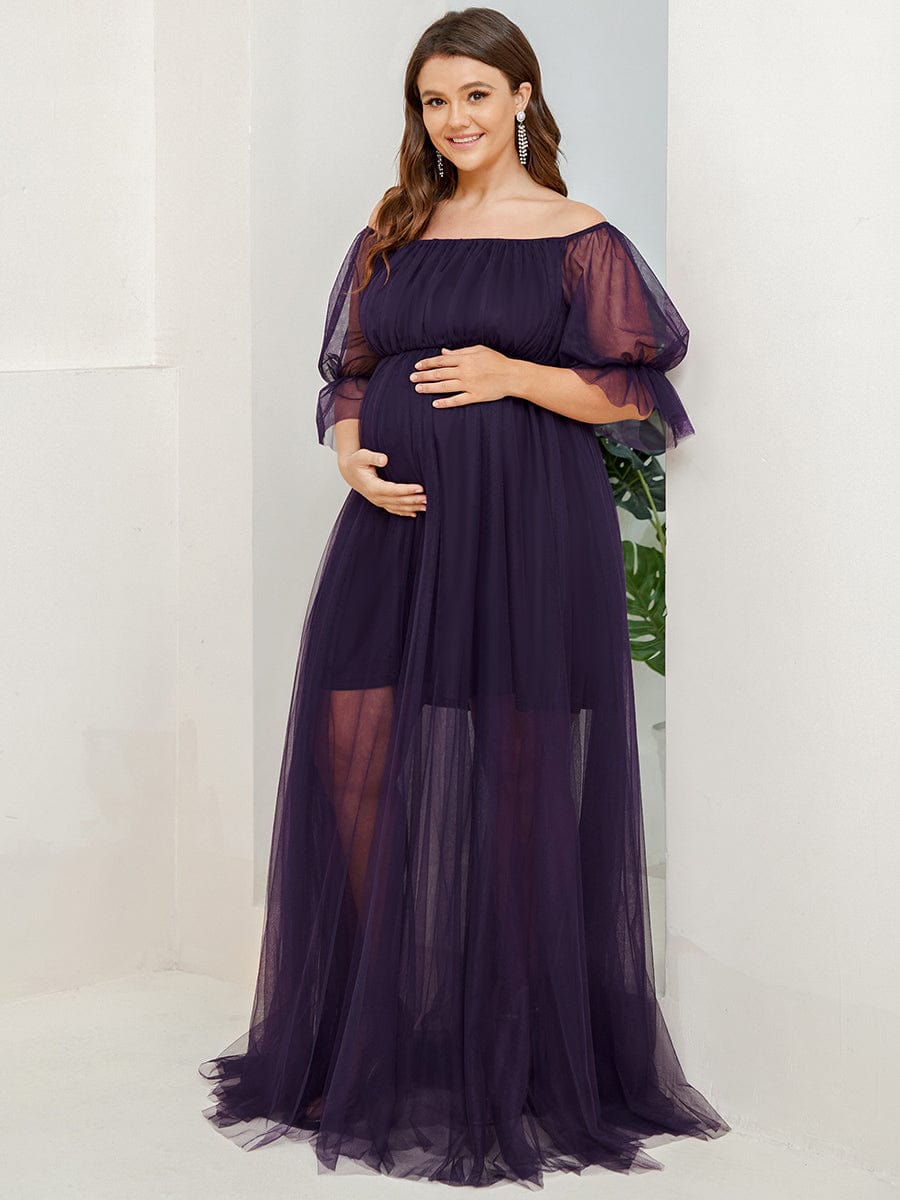 Elegant Plus Size A-line Maternity Dress with Short Puff Sleeves