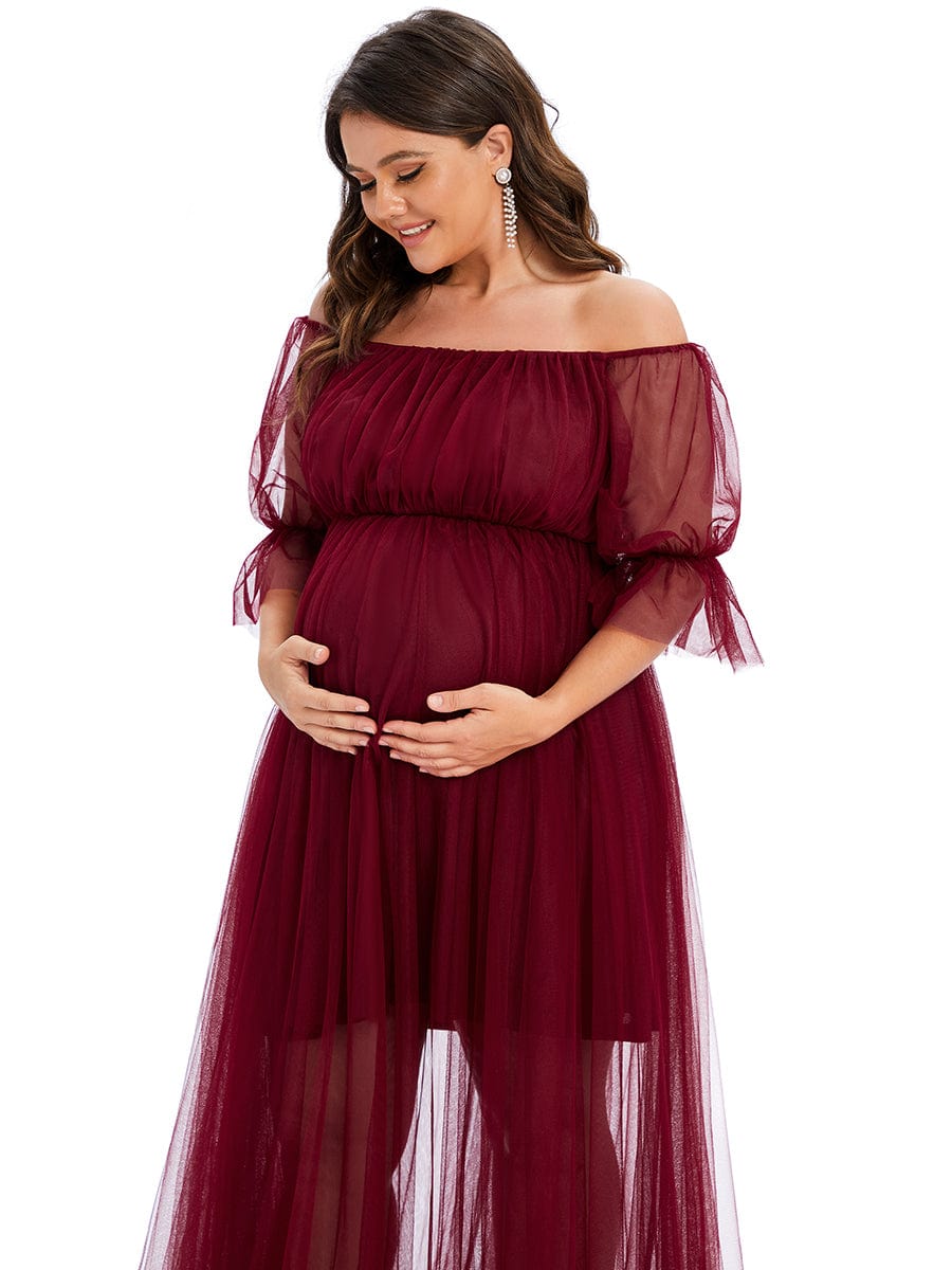 Elegant Plus Size A-line Maternity Dress with Short Puff Sleeves
