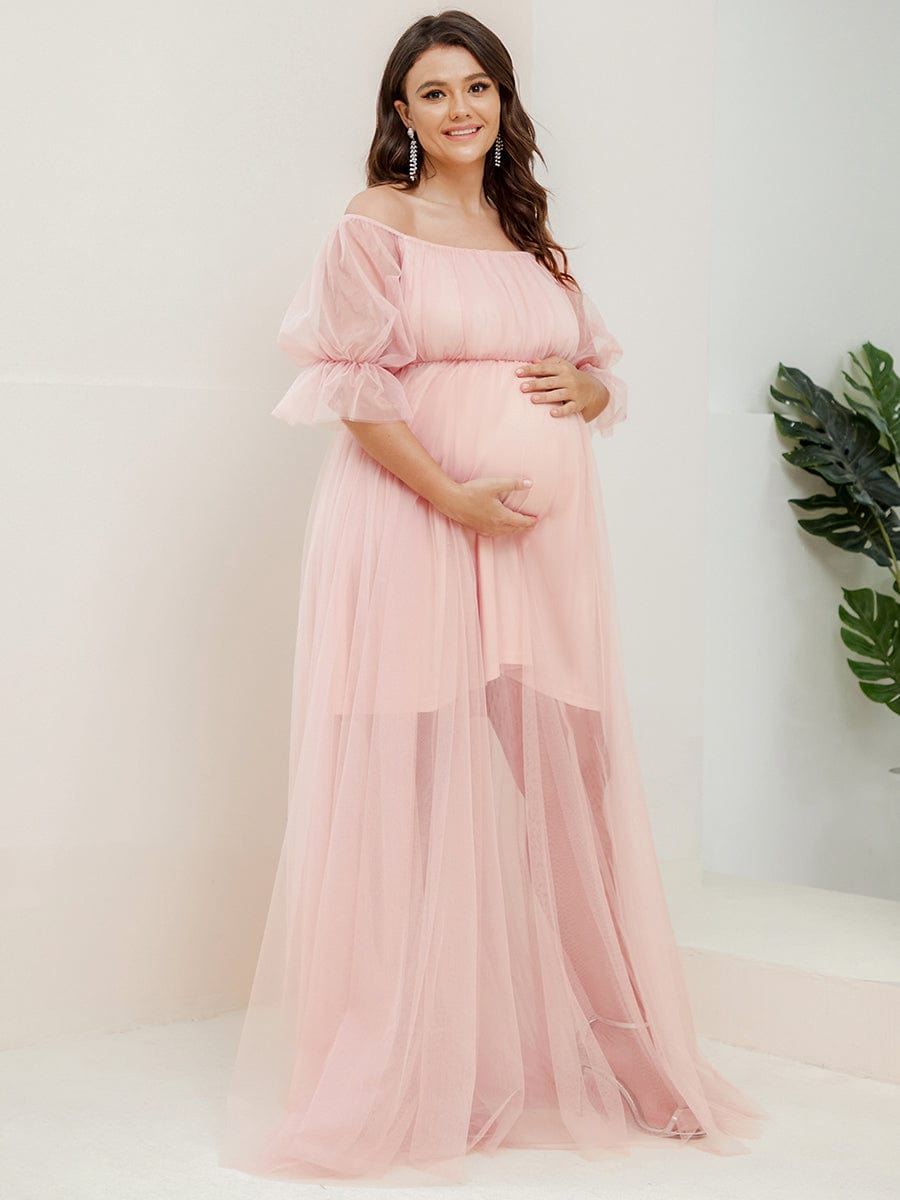 Elegant Plus Size A-line Maternity Dress with Short Puff Sleeves