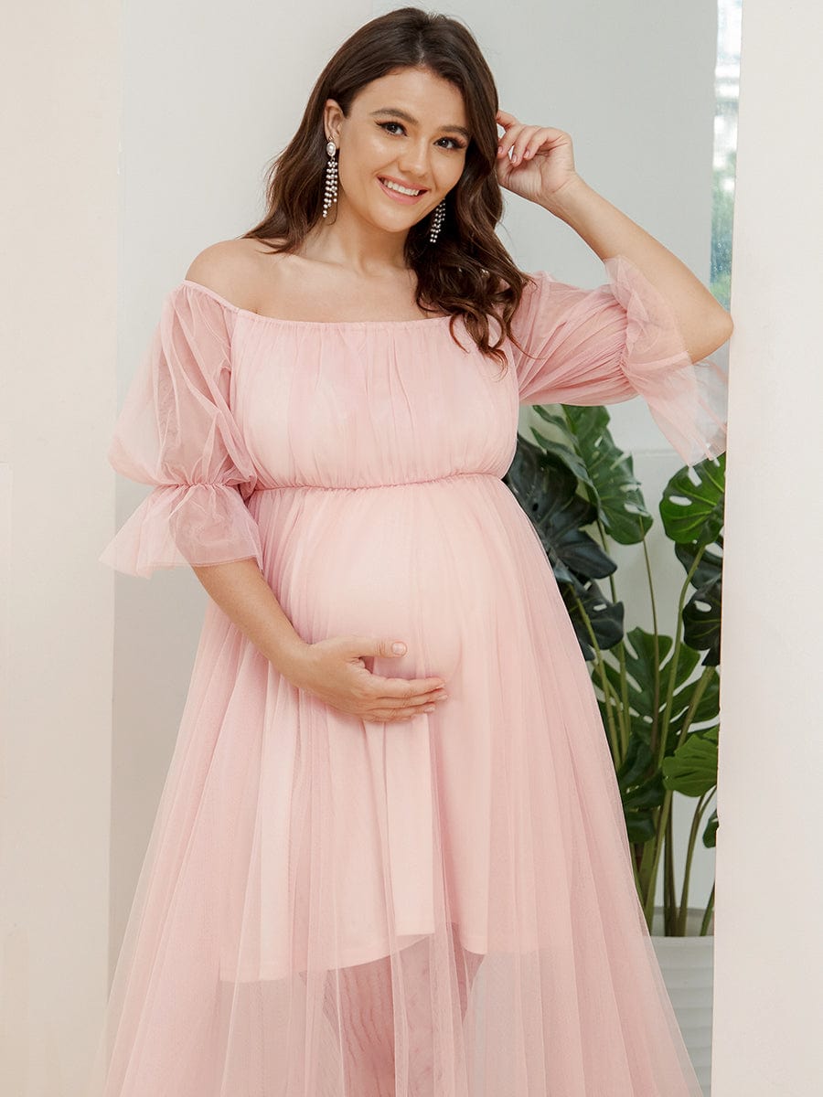 Elegant Plus Size A-line Maternity Dress with Short Puff Sleeves