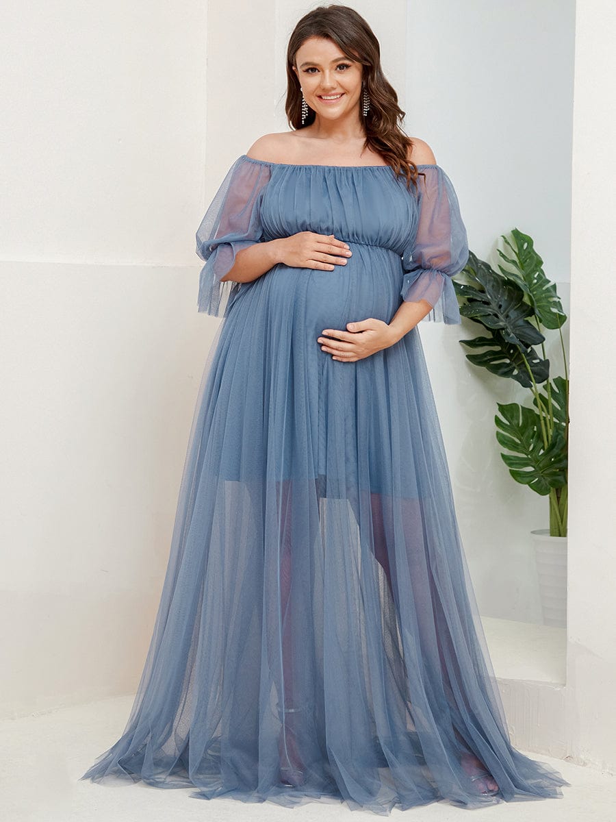 Elegant Plus Size A-line Maternity Dress with Short Puff Sleeves