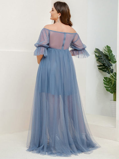 Elegant Plus Size A-line Maternity Dress with Short Puff Sleeves