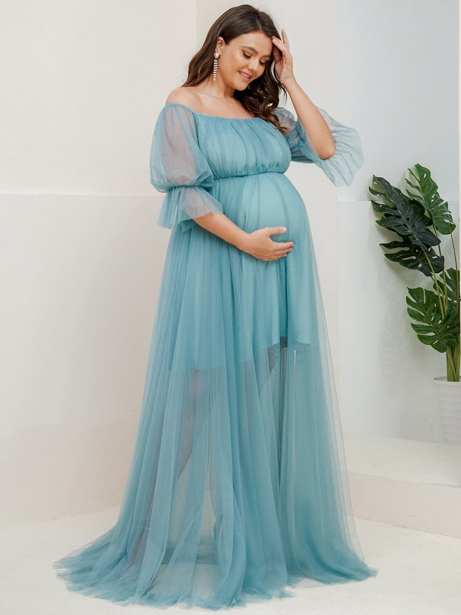 Elegant Plus Size A-line Maternity Dress with Short Puff Sleeves