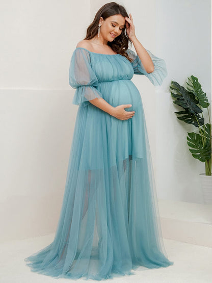 Elegant Plus Size A-line Maternity Dress with Short Puff Sleeves