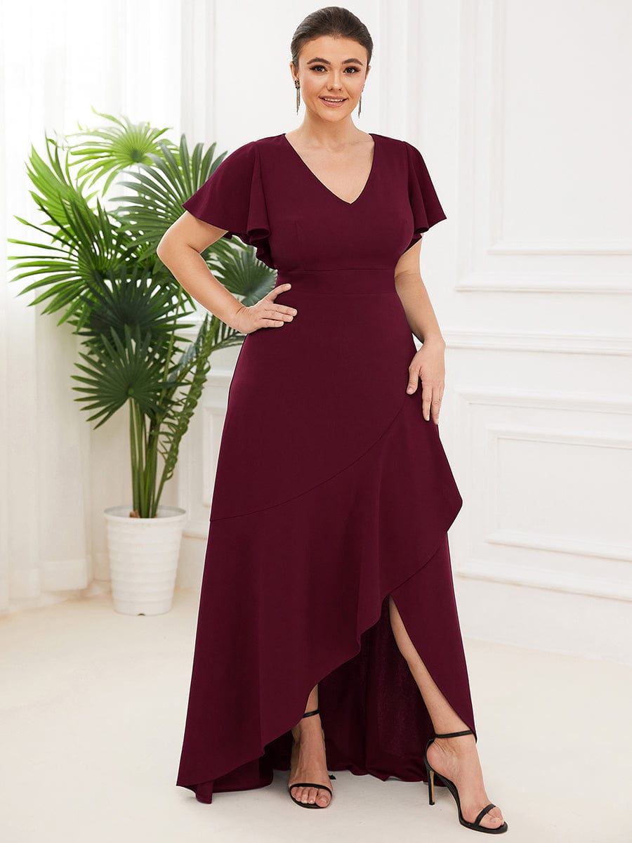 Elegant Plus Size Deep V-Neck Evening Dress with Ruffles Sleeves