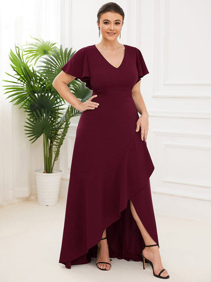 Elegant Plus Size Deep V-Neck Evening Dress with Ruffles Sleeves