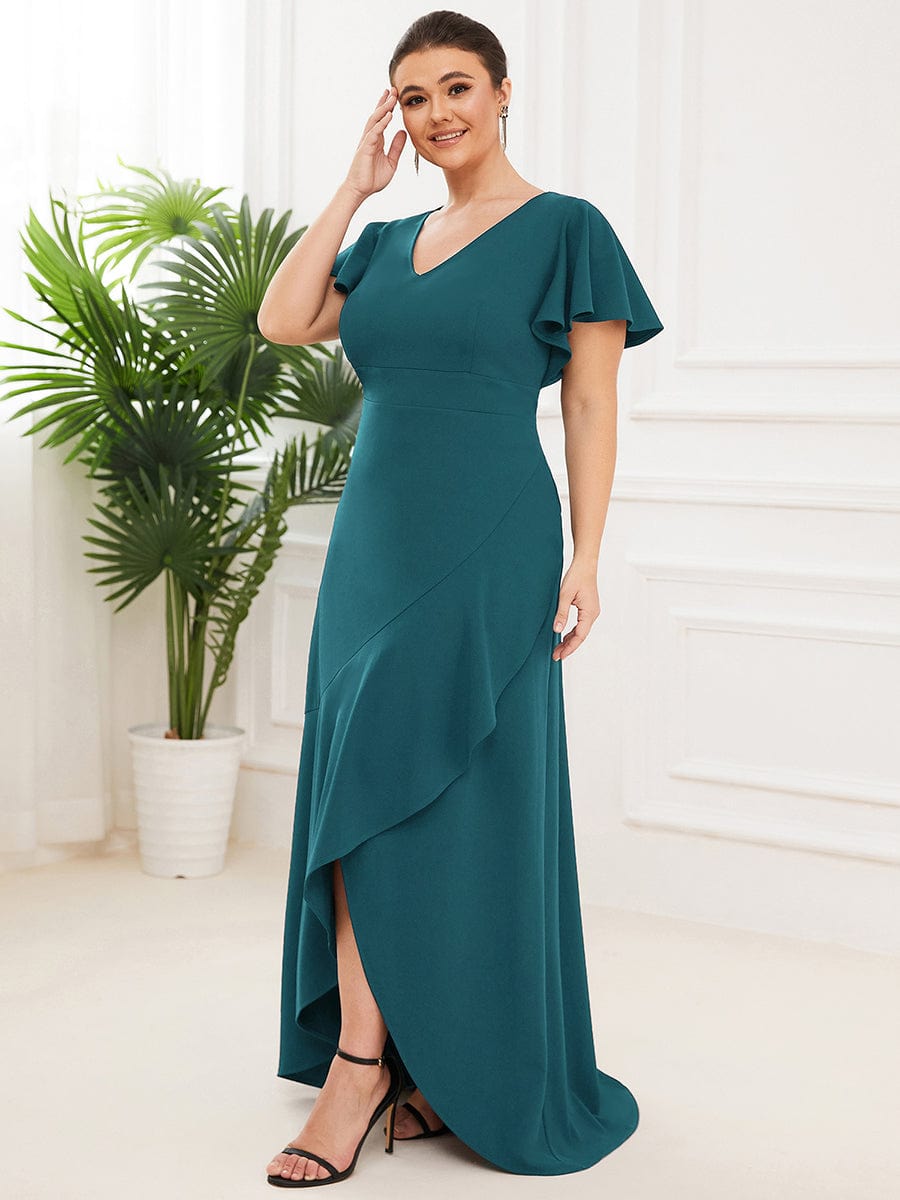 Elegant Plus Size Deep V-Neck Evening Dress with Ruffles Sleeves