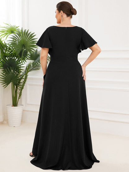 Elegant Plus Size Deep V-Neck Evening Dress with Ruffles Sleeves