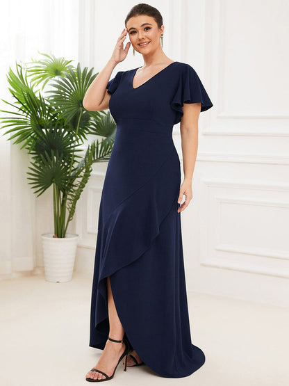 Elegant Plus Size Deep V-Neck Evening Dress with Ruffles Sleeves
