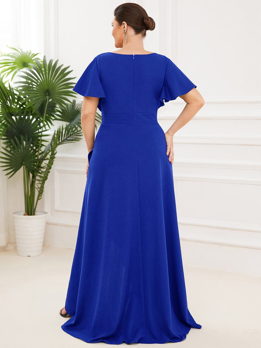 Elegant Plus Size Deep V-Neck Evening Dress with Ruffles Sleeves