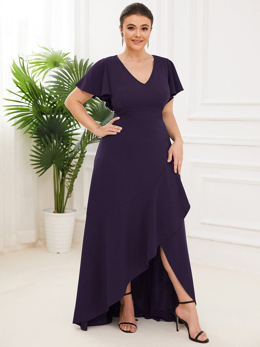 Elegant Plus Size Deep V-Neck Evening Dress with Ruffles Sleeves