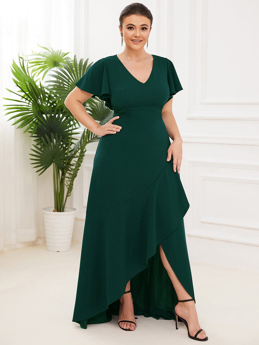 Elegant Plus Size Deep V-Neck Evening Dress with Ruffles Sleeves