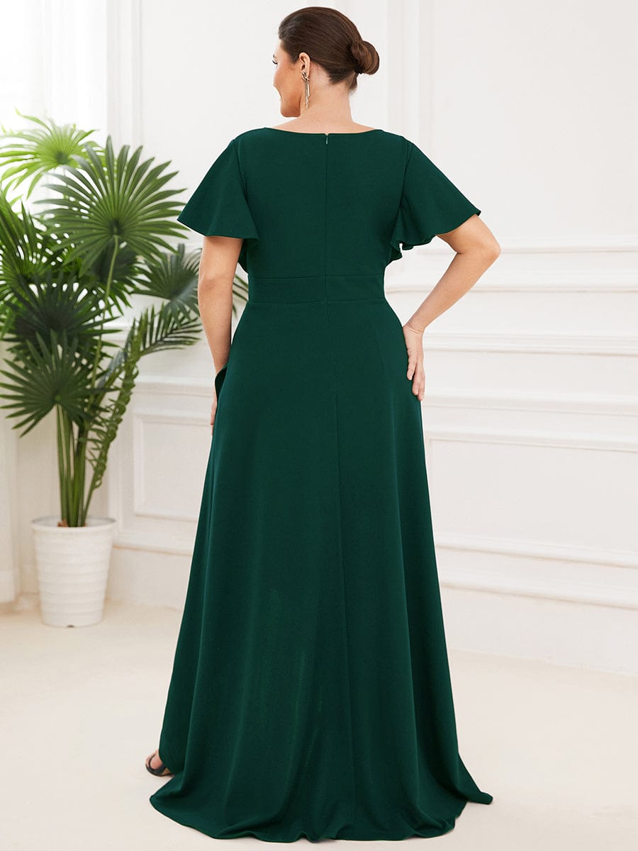 Elegant Plus Size Deep V-Neck Evening Dress with Ruffles Sleeves