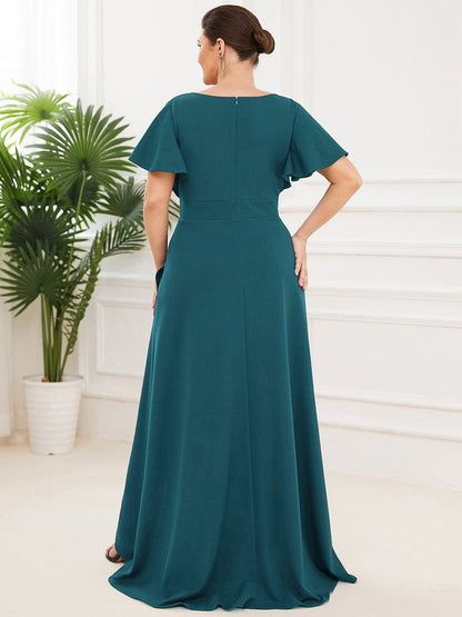 Elegant Plus Size Deep V-Neck Evening Dress with Ruffles Sleeves