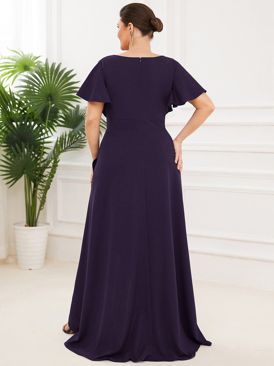 Elegant Plus Size Deep V-Neck Evening Dress with Ruffles Sleeves