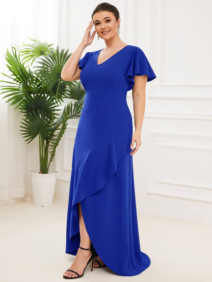 Elegant Plus Size Deep V-Neck Evening Dress with Ruffles Sleeves