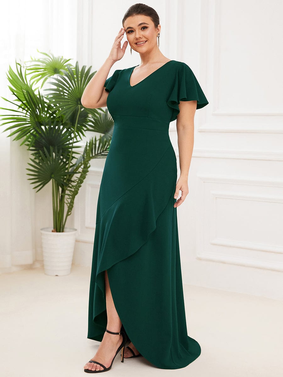 Elegant Plus Size Deep V-Neck Evening Dress with Ruffles Sleeves