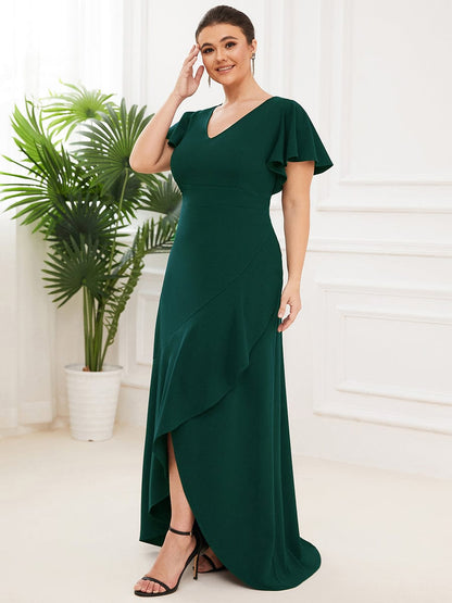 Elegant Plus Size Deep V-Neck Evening Dress with Ruffles Sleeves