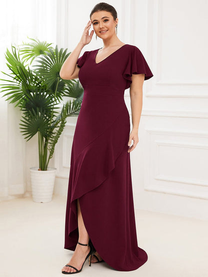 Elegant Plus Size Deep V-Neck Evening Dress with Ruffles Sleeves
