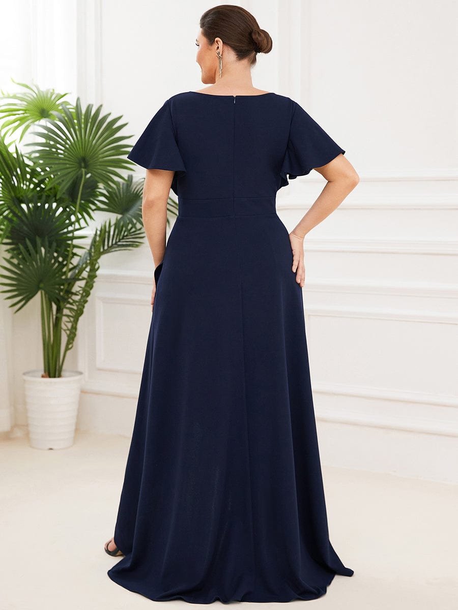 Elegant Plus Size Deep V-Neck Evening Dress with Ruffles Sleeves