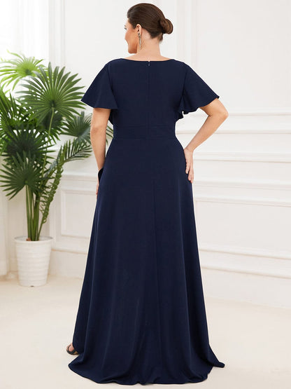 Elegant Plus Size Deep V-Neck Evening Dress with Ruffles Sleeves