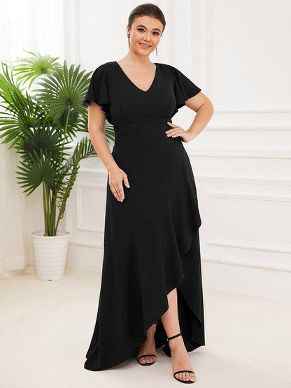 Elegant Plus Size Deep V-Neck Evening Dress with Ruffles Sleeves