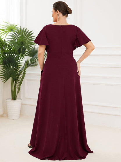 Elegant Plus Size Deep V-Neck Evening Dress with Ruffles Sleeves
