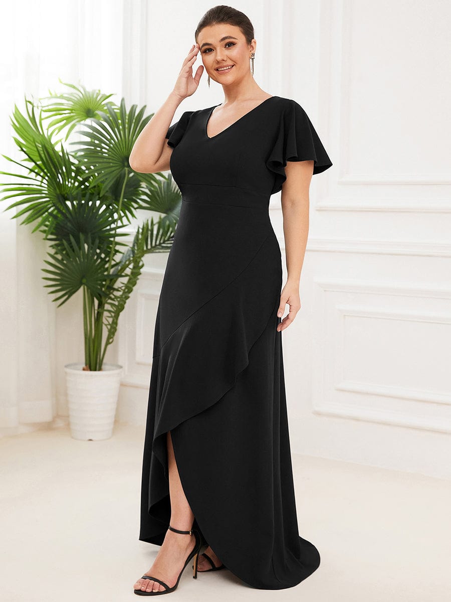 Elegant Plus Size Deep V-Neck Evening Dress with Ruffles Sleeves