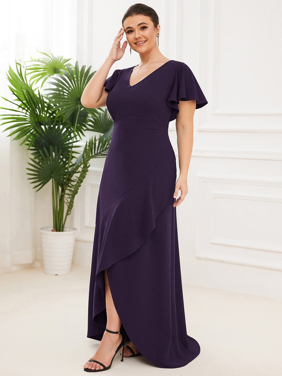 Elegant Plus Size Deep V-Neck Evening Dress with Ruffles Sleeves
