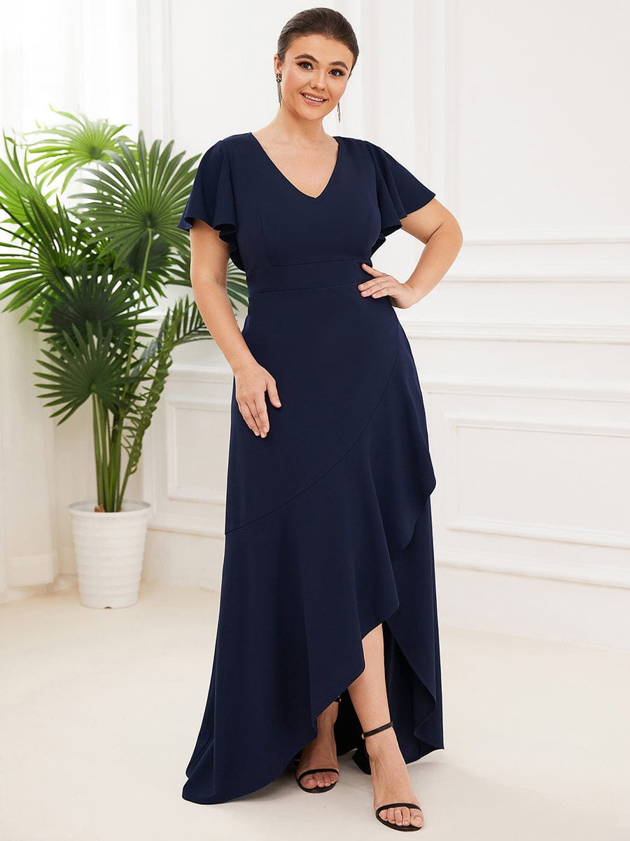 Elegant Plus Size Deep V-Neck Evening Dress with Ruffles Sleeves