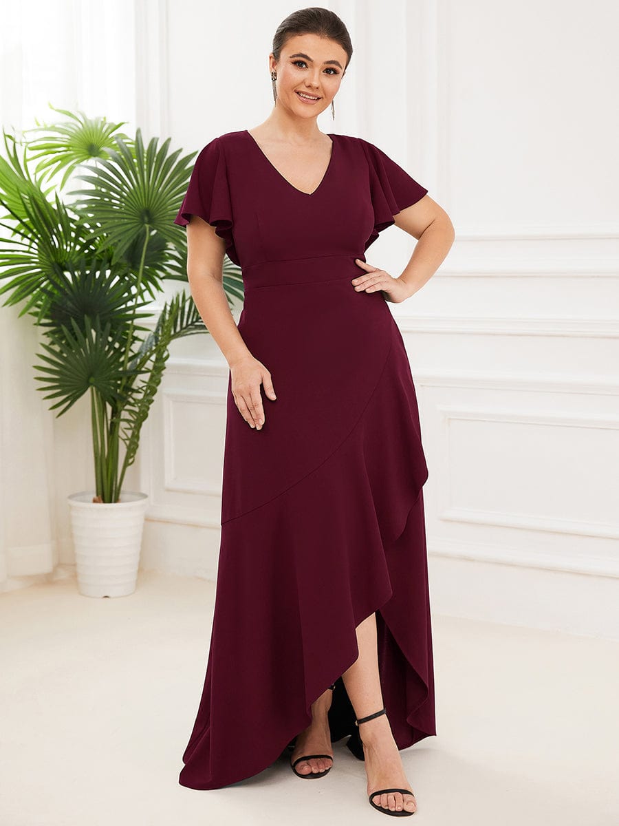 Elegant Plus Size Deep V-Neck Evening Dress with Ruffles Sleeves