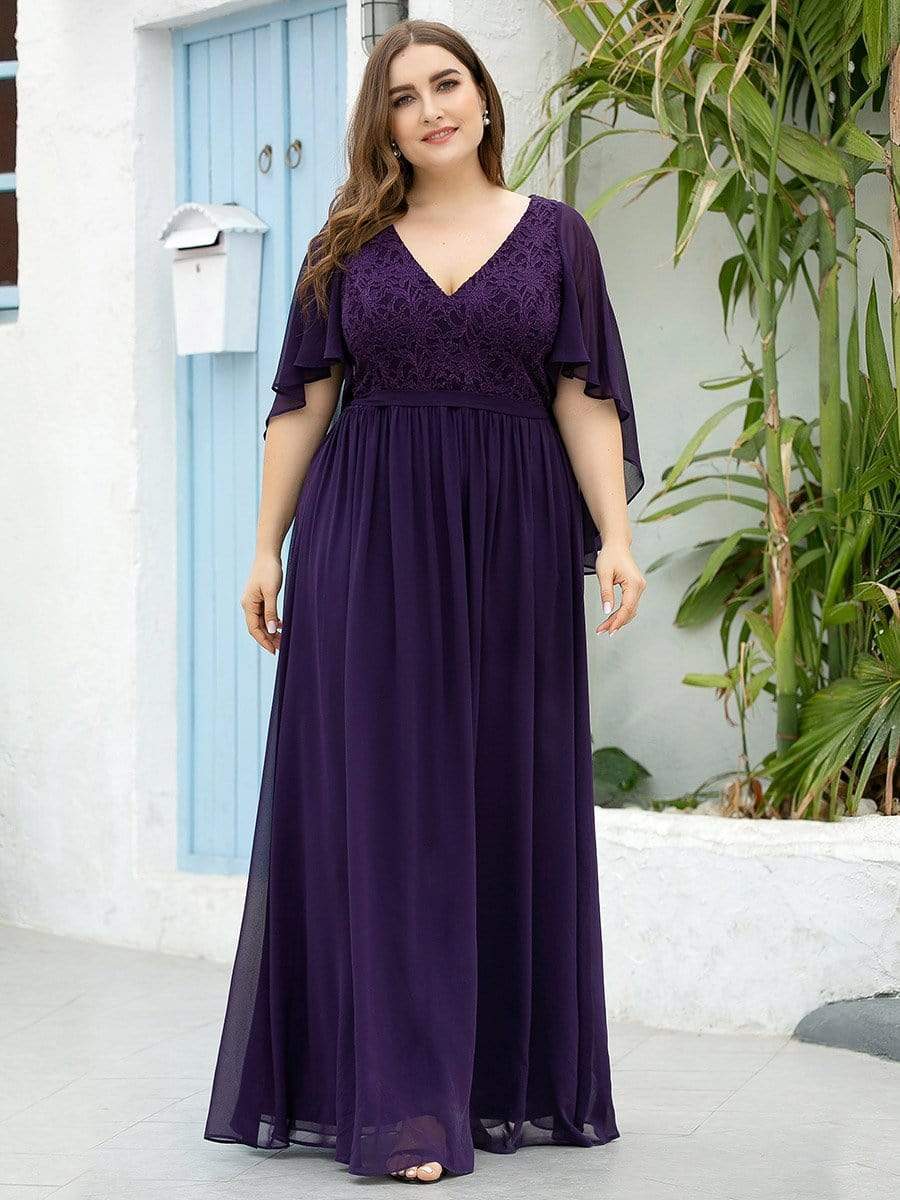 Elegant Plus Size Deep V Neck Lace Evening Gown