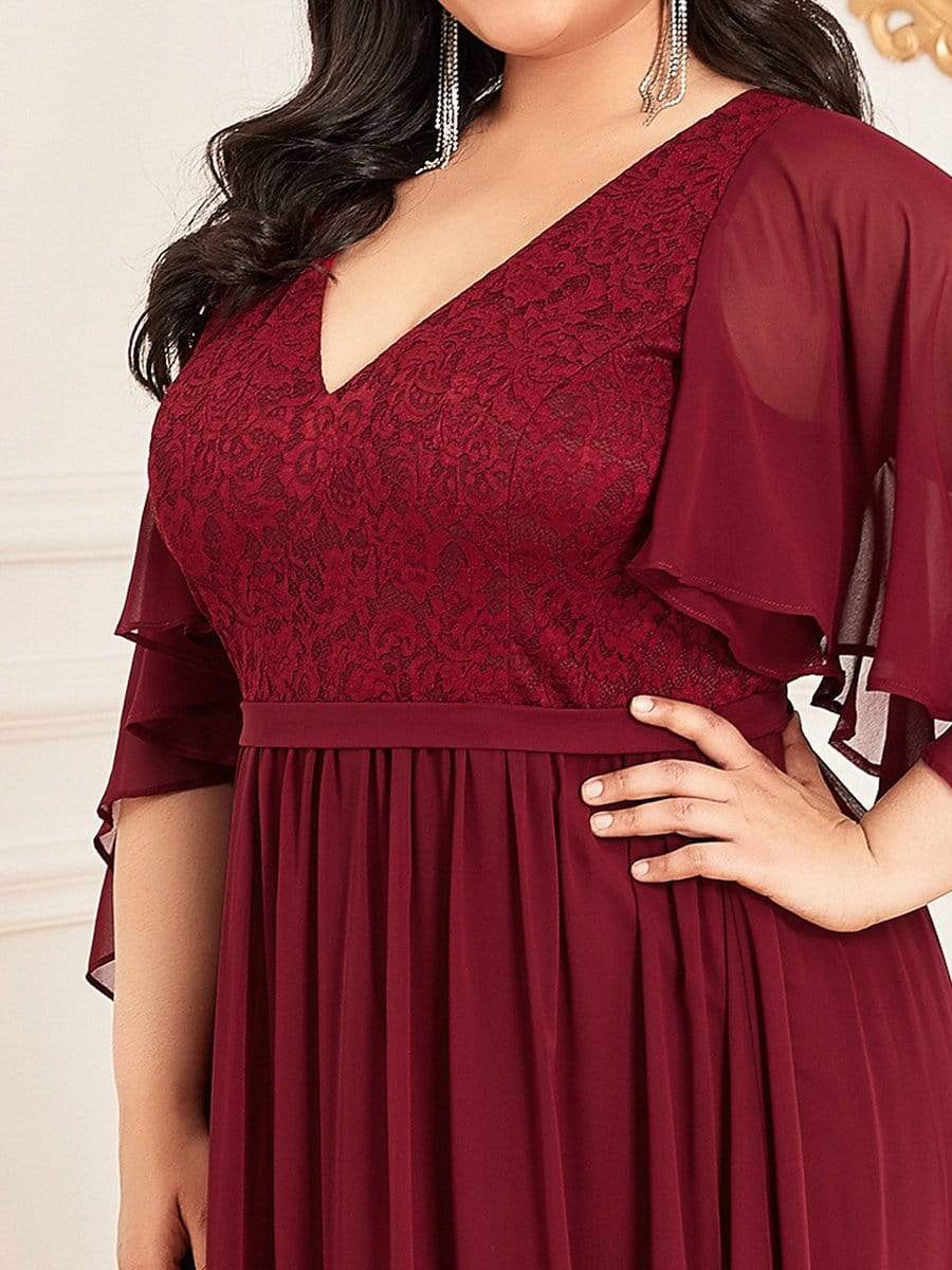 Elegant Plus Size Deep V Neck Lace Evening Gown