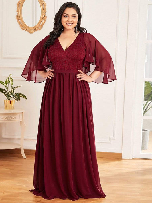 Elegant Plus Size Deep V Neck Lace Evening Gown
