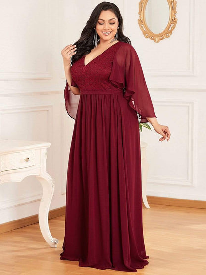 Elegant Plus Size Deep V Neck Lace Evening Gown