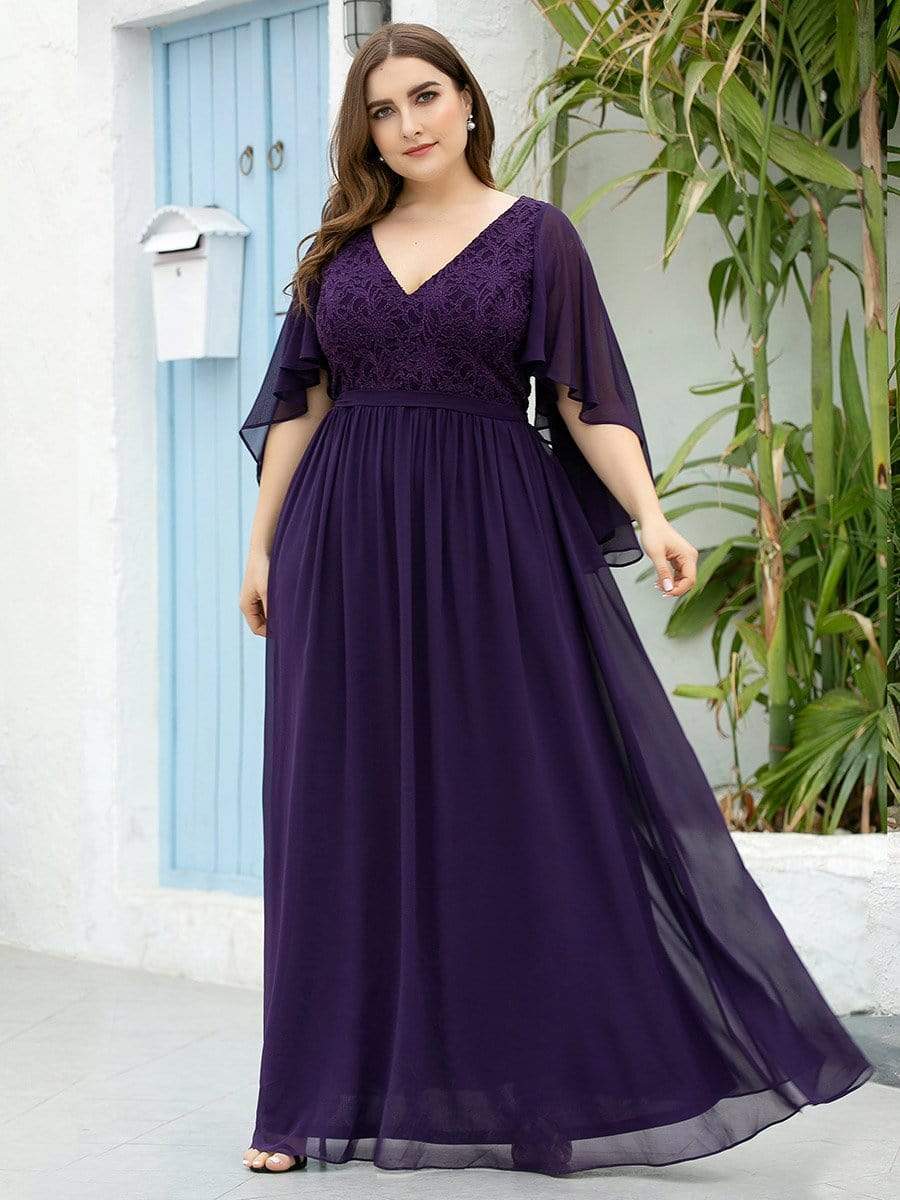 Elegant Plus Size Deep V Neck Lace Evening Gown