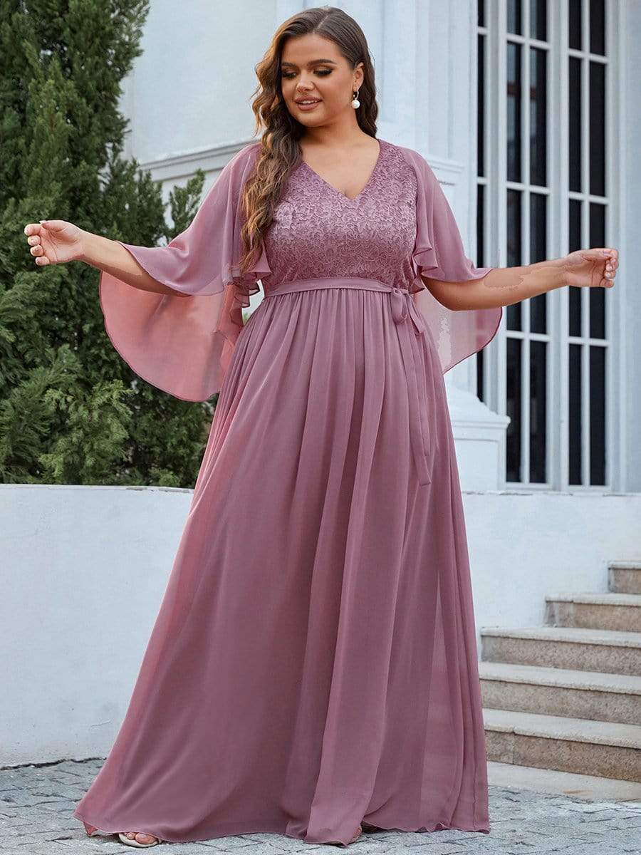 Elegant Plus Size Deep V Neck Lace Evening Gown